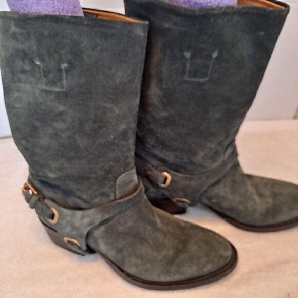 Ralph Lauren Collection Harness Boots Italy Green Suede 1.5" Cowgirl Heel Buckle - Picture 4 of 15